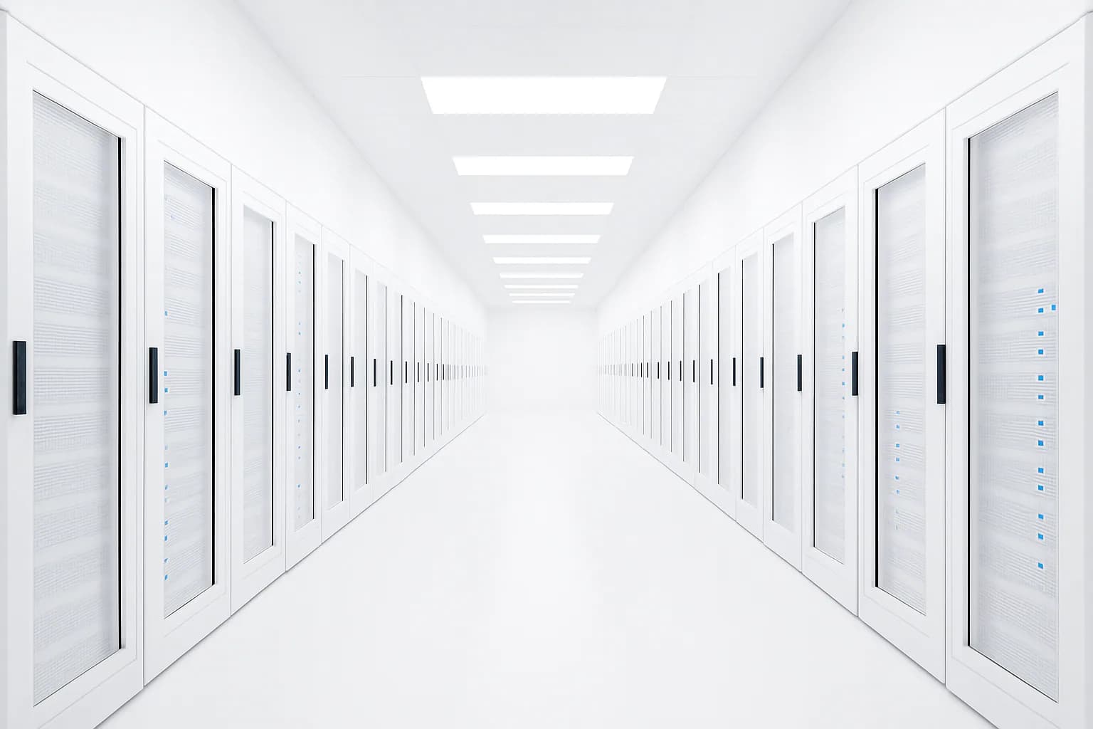 A bright aisle of server racks with blue LEDs