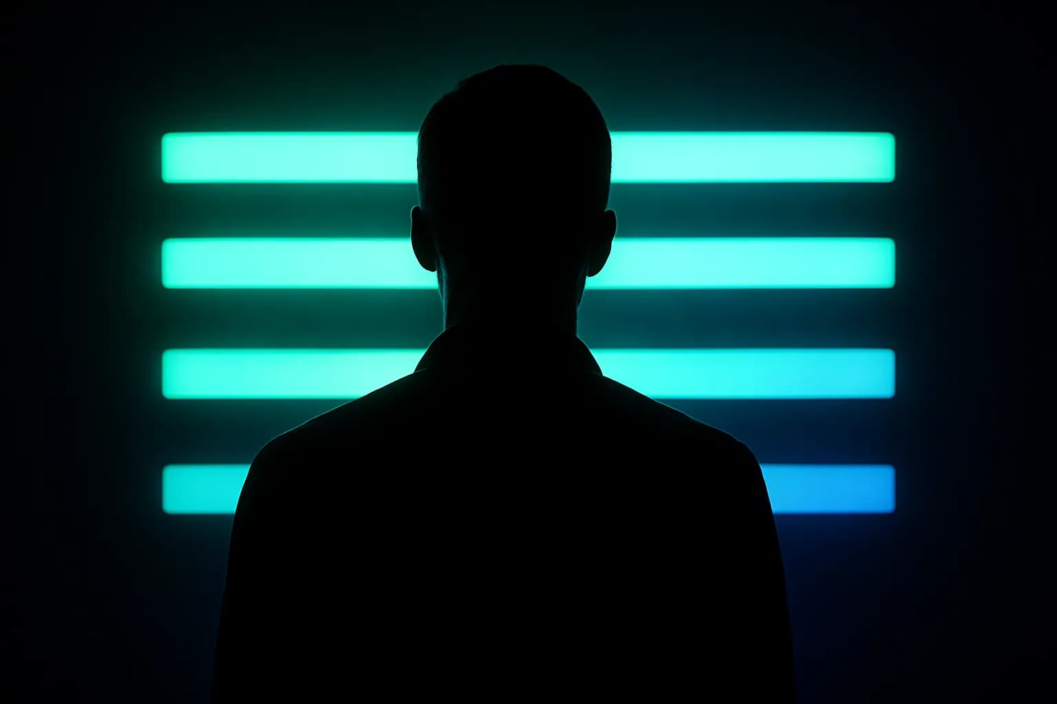 A figure facing floating bars of terminal light
