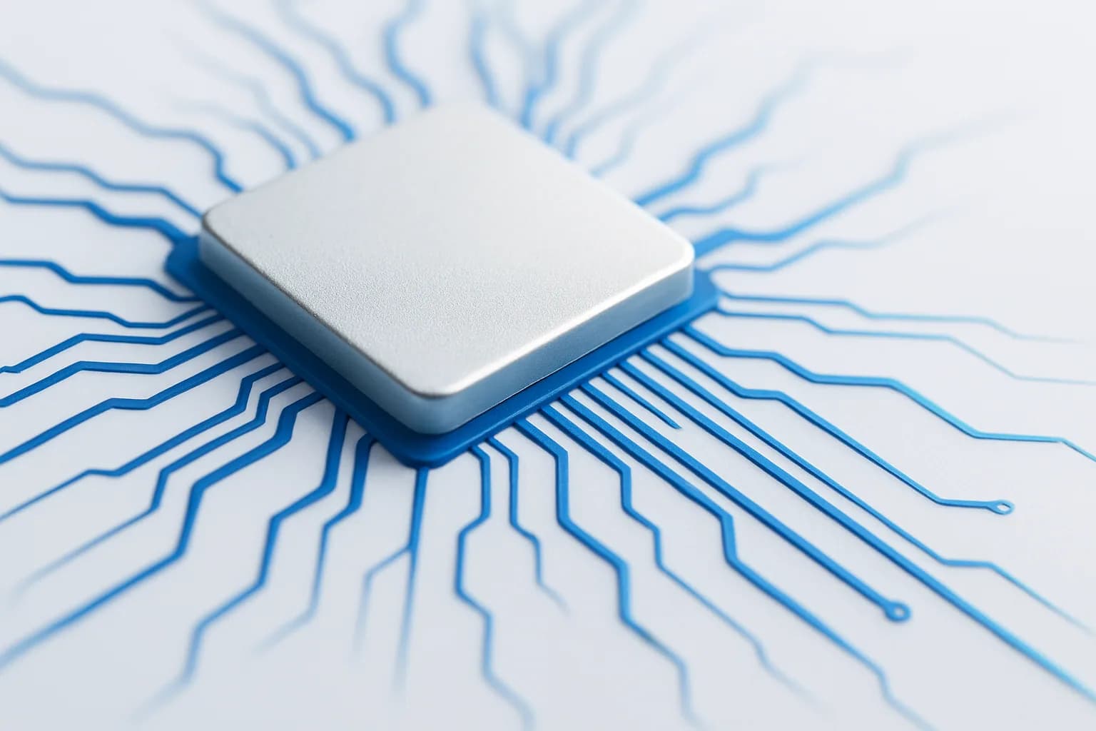 Close-up of a chip veined with lit circuitry