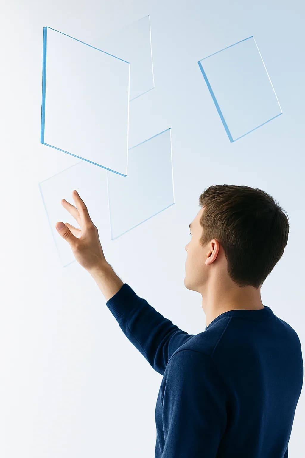 A figure reaching toward floating panels of light