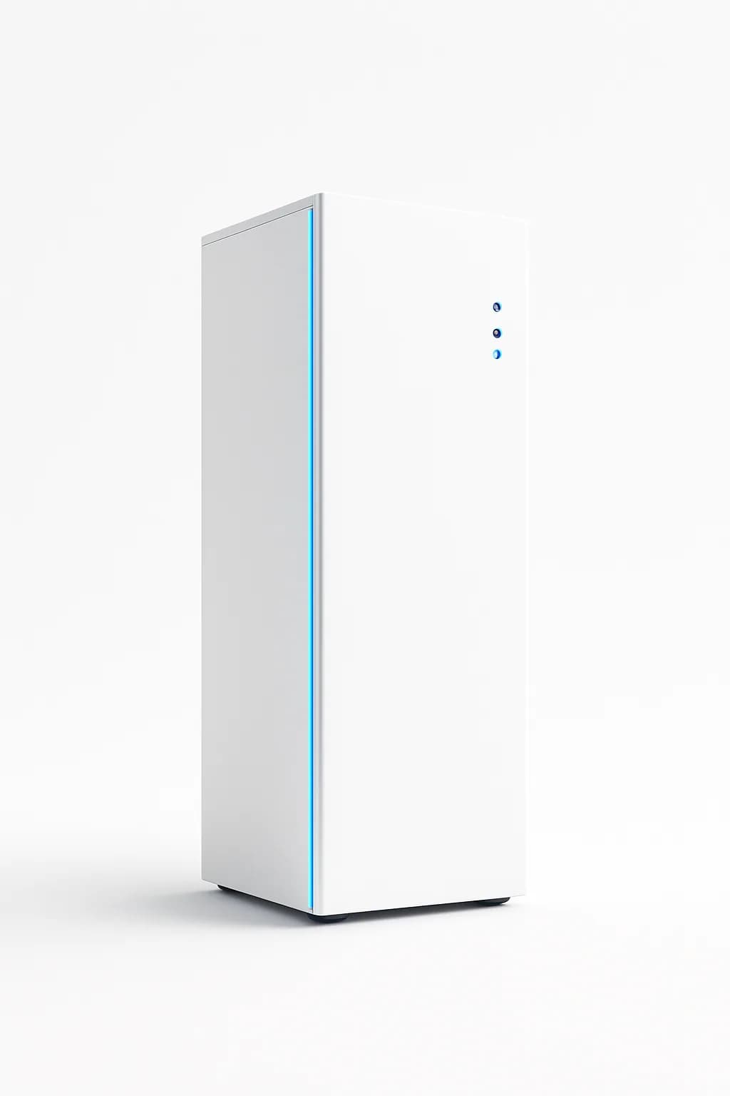 A white server tower seamed with blue light