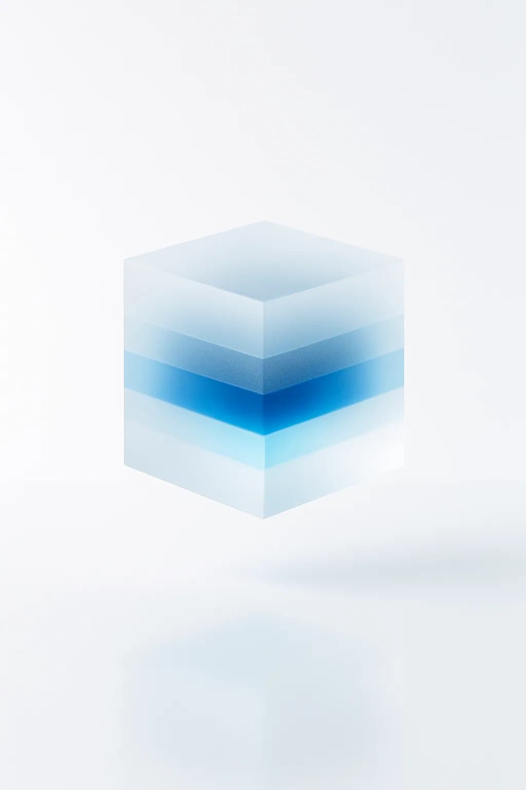 A hovering cube built from stacked layers of teal light
