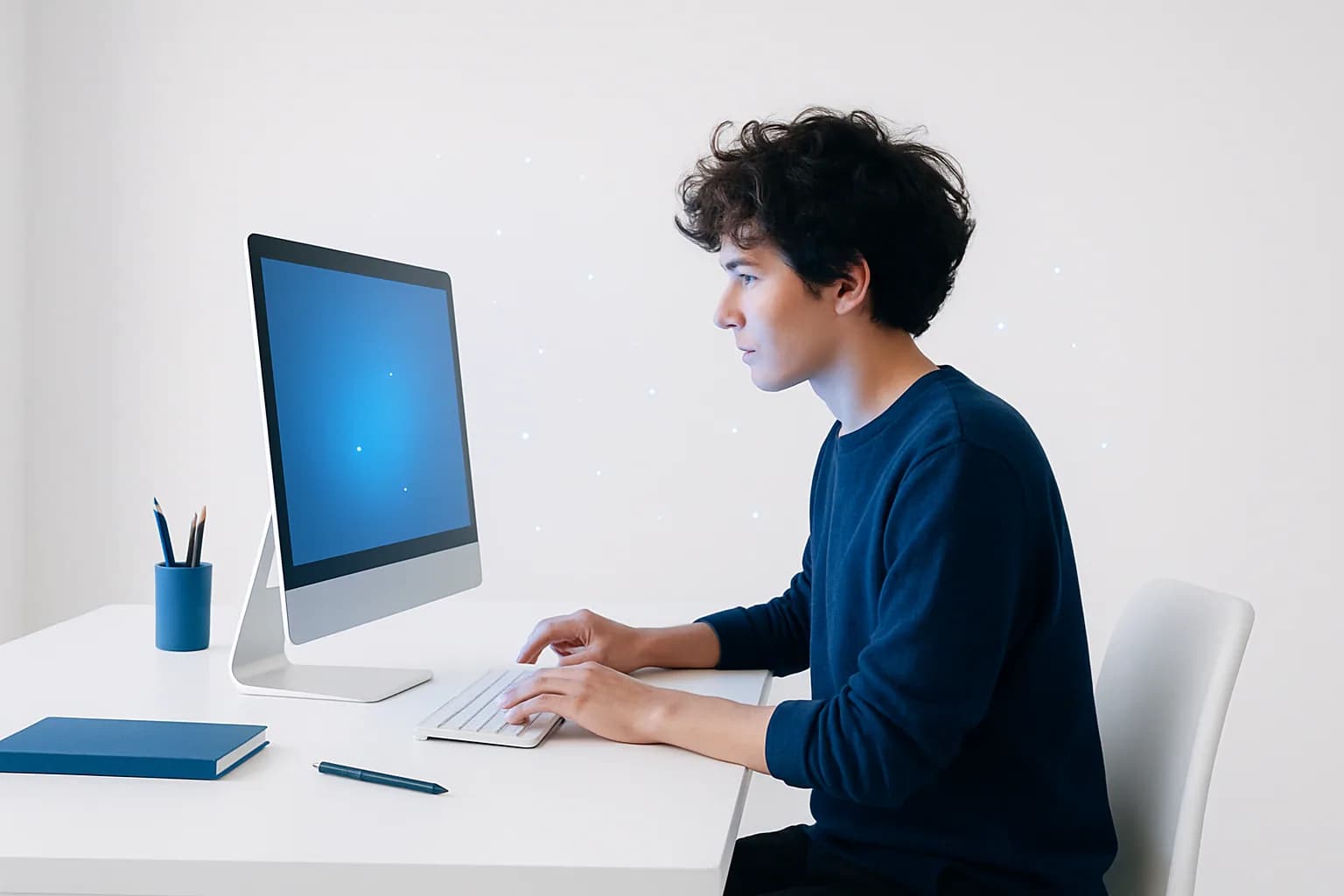 A maker at a desk in a bright airy studio
