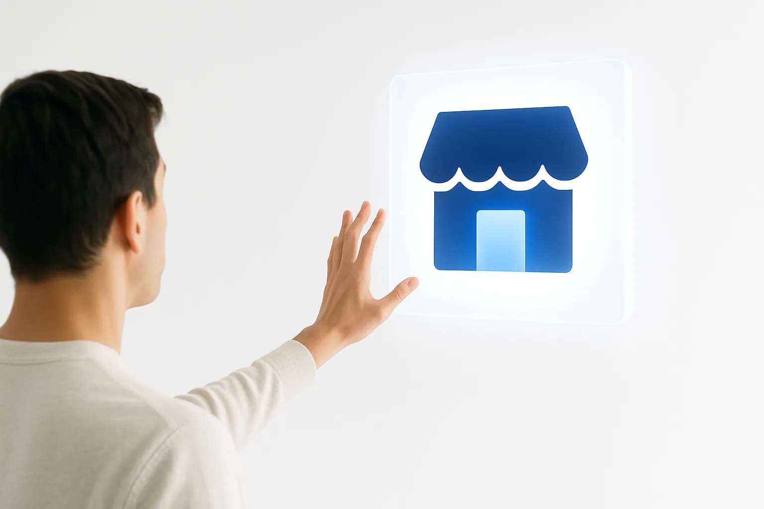 A figure reaching toward a lit shopfront panel